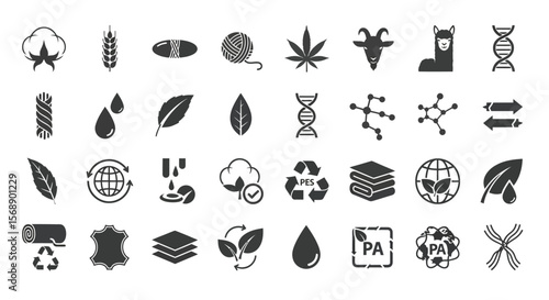 Collection of various material and textile source icons in monochrome