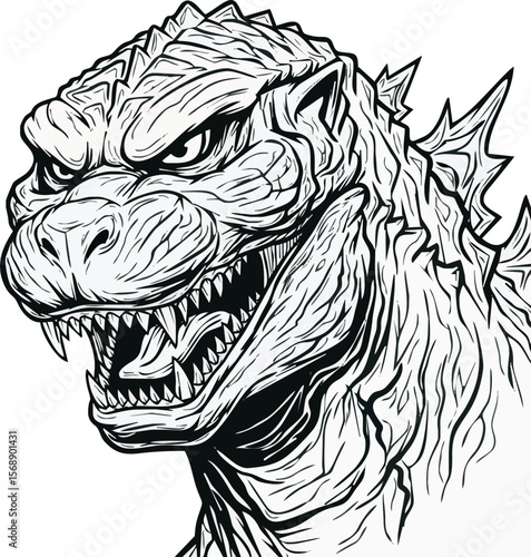 A detailed black and white illustration of Godzilla's head, showcasing its fierce expression and textured skin.
