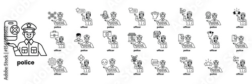 A collection of cartoon characters, including a police officer, a doctor