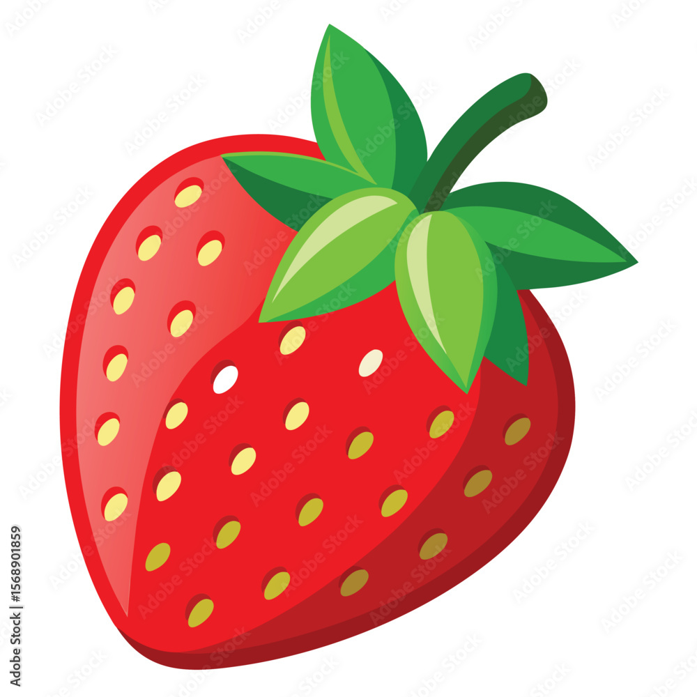 Obraz premium A ripe red strawberry with fresh green leaves, symbolizing healthy food, a sweet fruit, and summer.