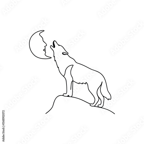 Line art wolf howling at crescent moon with face vector