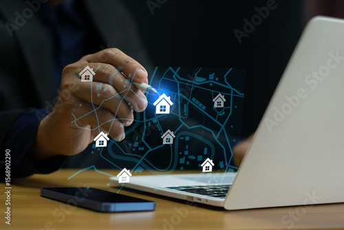 Digital property search on futuristic map interface – real estate technology and PropTech concept