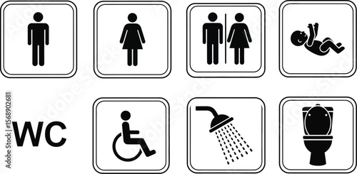 Various restroom signs including men women baby shower and handicap wc
