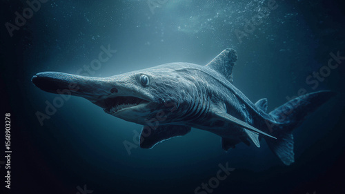 Goblin Shark Swimming in Deep Dark Ocean Waters