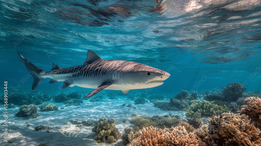 Fototapeta premium Tiger Shark with Distinctive Stripes in Coral Reef Waters