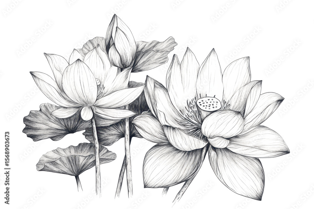 Fototapeta premium Intricate etching of lotus flowers showcasing elegance and beauty in modern art