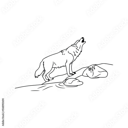 Line art wolf howling on river bank with rocks animal