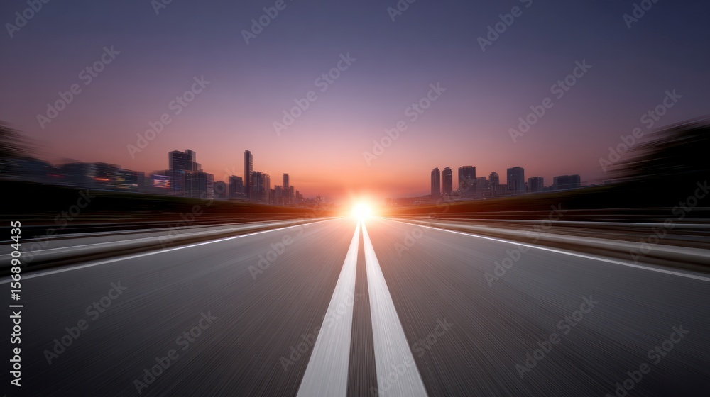 Fototapeta premium Open asphalt road leading toward a blurred city skyline at sunset with bright sun flare