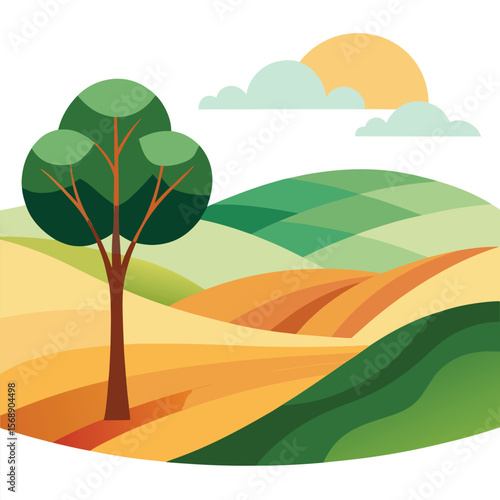 A serene, abstract landscape with a single tree and a tranquil horizon, a beautiful design on a plain white background, for nature or calm themes.