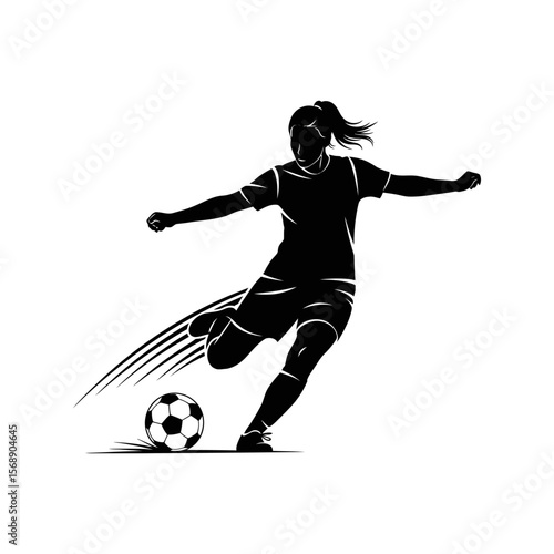 A female soccer player kicks the ball with speed, isolated on white background