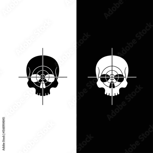 A skull with crosshairs is split between black and white