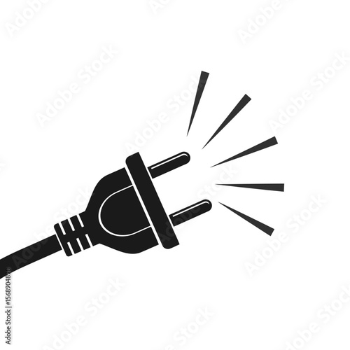 A black electrical plug emits sparks isolated on white background