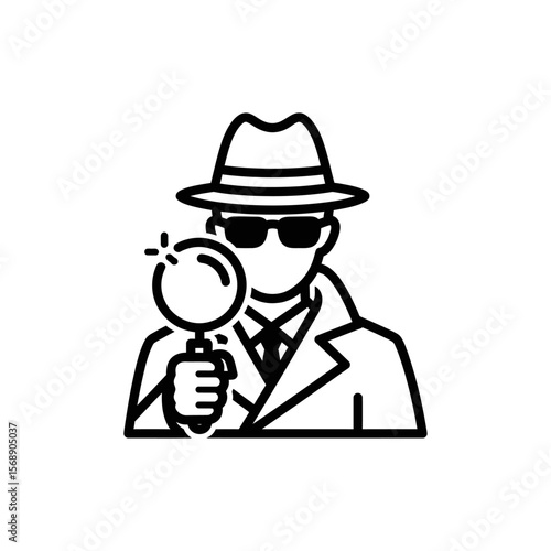 A black and white cartoon detective in a hat and coat holds a magnifying glass, isolated on white background