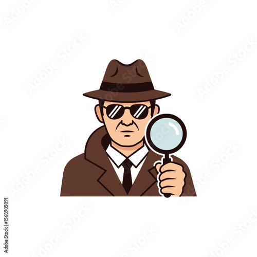 A detective with a magnifying glass isolated on white background