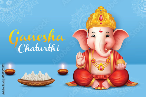 Lord Ganesha Sitting Blue Color Background With Mandala Elements. Ganesha Chaturthi Festival Sale Celebration For Greeting Card, Invitation, E-commerce Banners.