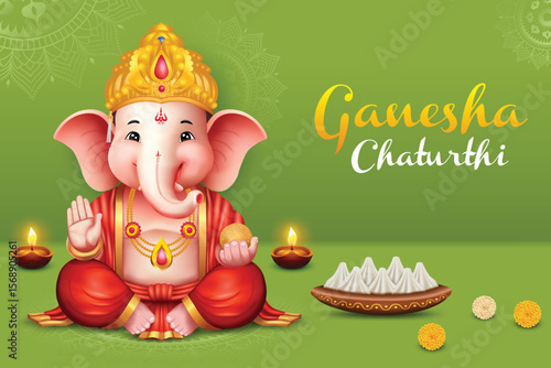 Lord Ganesha Sitting Green Color Background With Mandala Elements. Ganesha Chaturthi Festival Sale Celebration For Greeting Card, Invitation, E-commerce Banners.