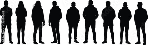 Silhouette group of people standing side by side, black shadow figures, hoodie outfit, casual stance, isolated on white background, vector illustration