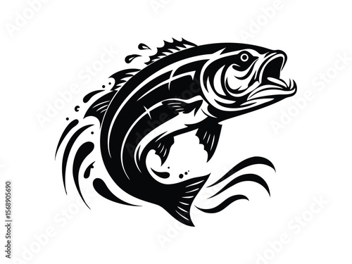 Largemouth bass fish vector silhouette. Large bass fish in the mount jumping from the water