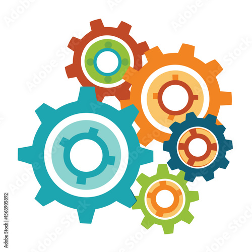 A set of abstract gears and cogs interlocking, a symbol of teamwork, business, and complex systems, on a clean white background, for technology concepts.