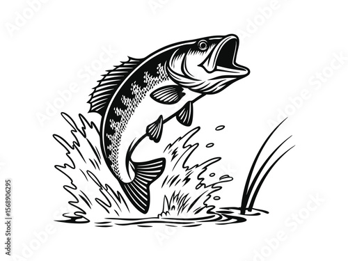 Jumping bass fish with water splash in black silhouette. Large mouth bass fish vector silhouette