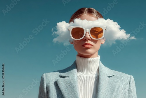 Woman wearing sunglasses and a cloud obscures her eyes against a blue sky