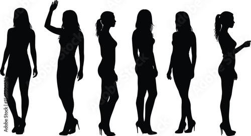 Silhouette of women standing, posing, and gesturing in high heels, isolated on white background, black shadow figures, elegant female shapes