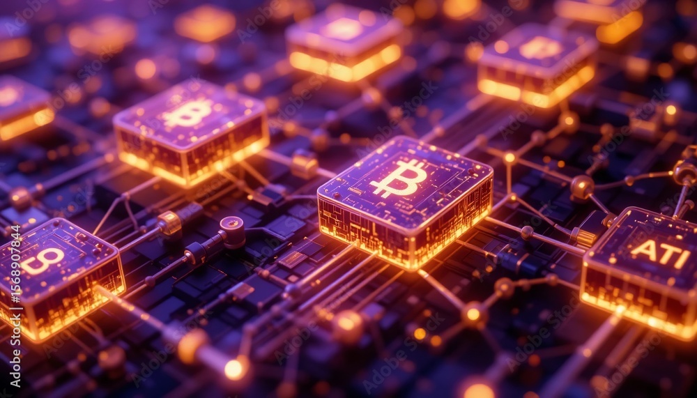 Fototapeta premium Futuristic Bitcoin Cryptocurrency Network Blockchain Technology Digital Currency Crypto Mining