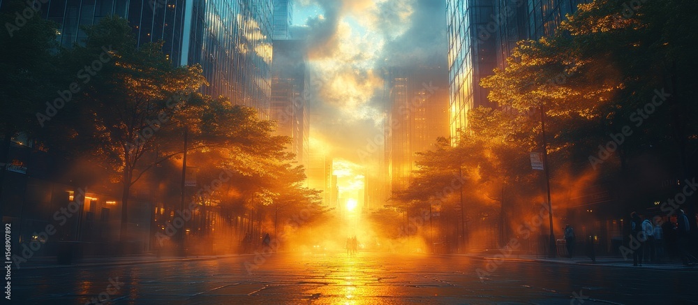 Fototapeta premium City street bathed in golden sunrise
