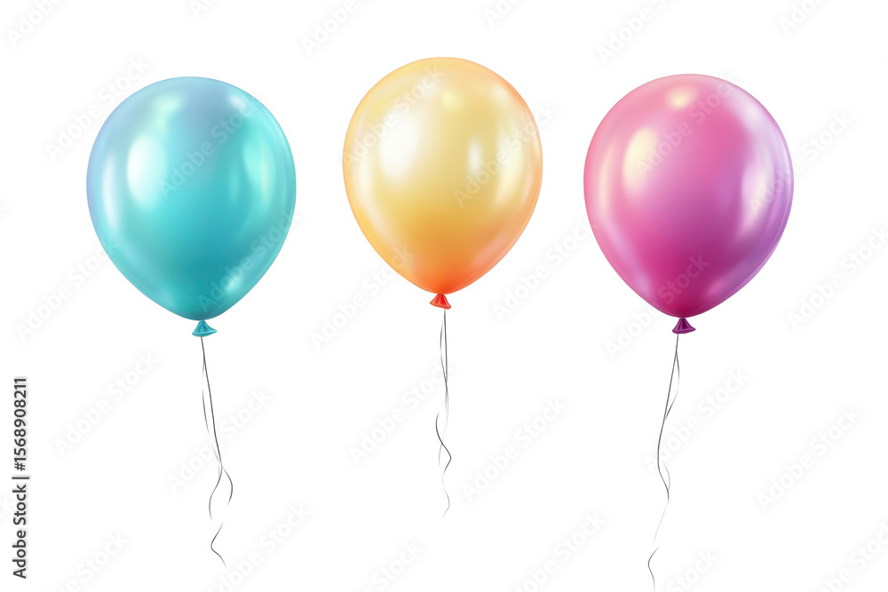 Colorful balloons in various hues suspended from thin strings against a transparent background for festive occasions and celebrations Colorful balloons in various hues suspended from thin strings against a transparent background for festive occasions and celebrations