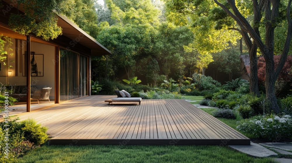 Fototapeta premium Modern deck with lush garden and home