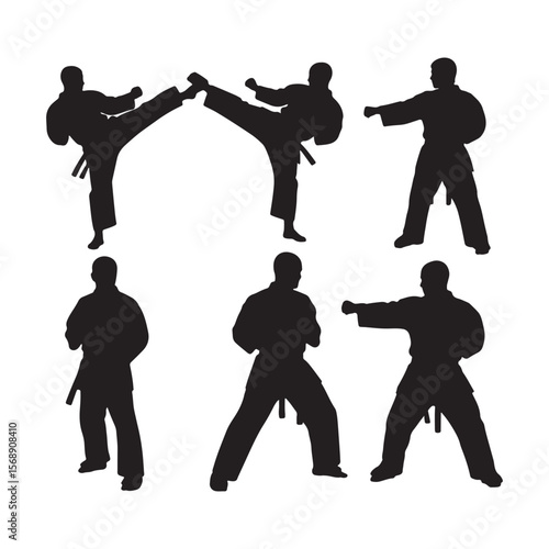 Six Black Silhouettes of Karateka Demonstrating Martial Arts Techniques Including Kicks Punches and Defensive Stances Against a White Background