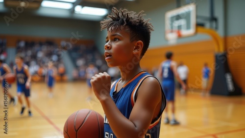 A perspiring young basketball player, likely between 15 to 18 years old, with a determined expression, sweat-drenched jersey, and flushed cheeks, catches their breath during a intense game in a well-l