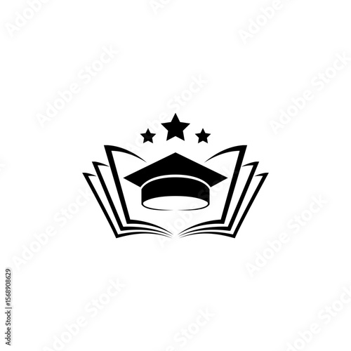 university graduation education logo with toga hat and books icon in flat design style