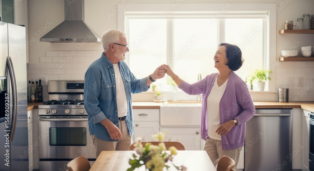 Obraz premium Happy Senior Couple Dancing Together in Modern Kitchen at Home
