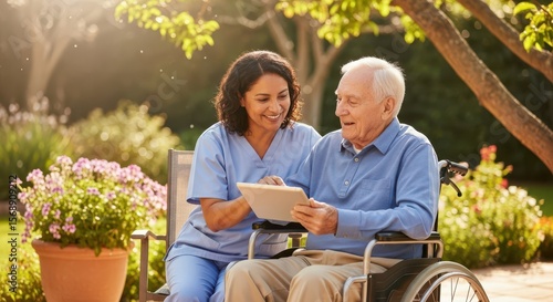 Senior Man in Wheelchair Using Tablet with Caregiver in Garden