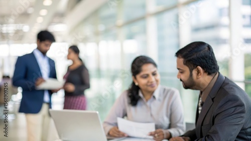 Blurred corporate office background with Indian professionals in business discussion   