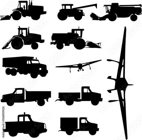 Agricultural Vehicles Silhouettes Set 12 Farming Equipment Vector Icons