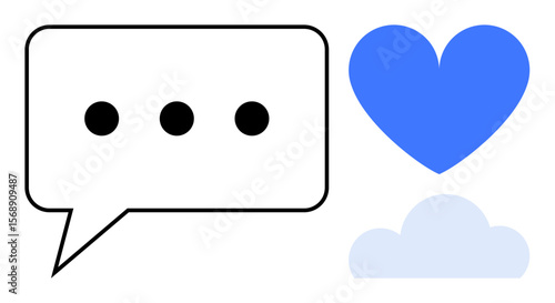 Speech bubble with three dots, a blue heart, and a light blue cloud. Ideal for messaging, social connection, emotional communication, creativity, positivity, digital platforms simple landing page