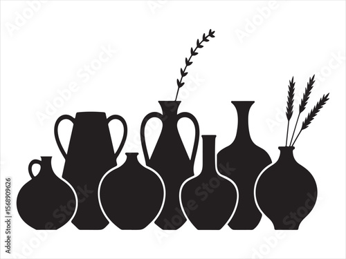 Collection of diverse black silhouette ceramic vases and pottery with decorative plants
