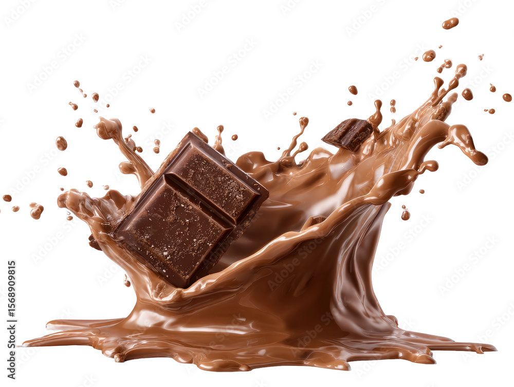 Fototapeta premium Chocolate bar falling into a chocolate splash on transparent background