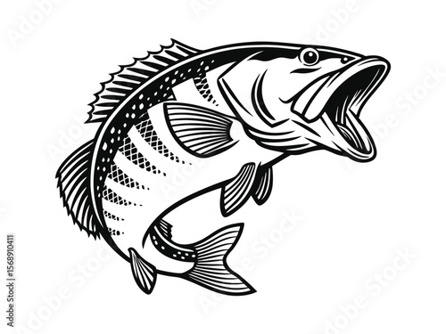 Big bass fish vector Jumping largemouth bass fish silhouette Bass fish vector illustration