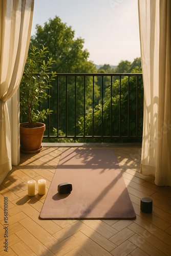 Yoga Mat with Candles and Stones on Balcony Overlooking Trees