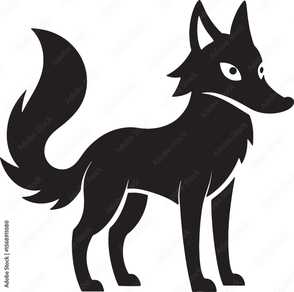 Fototapeta premium black fox silhouette standing alert isolated on white background