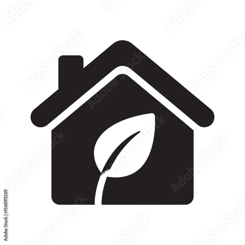 Green home icon with house and leaf inside representing eco friendly property and sustainable living for environmental real estate and nature conservation vector solid glyph