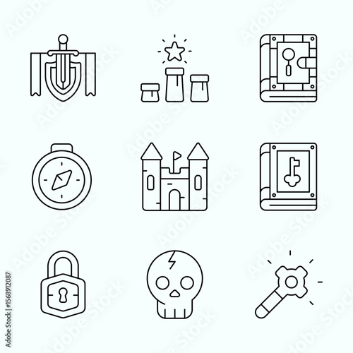 Outline Style RPG icon collection featuring dungeon loot, spellbooks, treasure ranks, cursed skulls, ancient castles, and magical artifacts. Perfect for fantasy games, mobile interfaces, or RPG themed