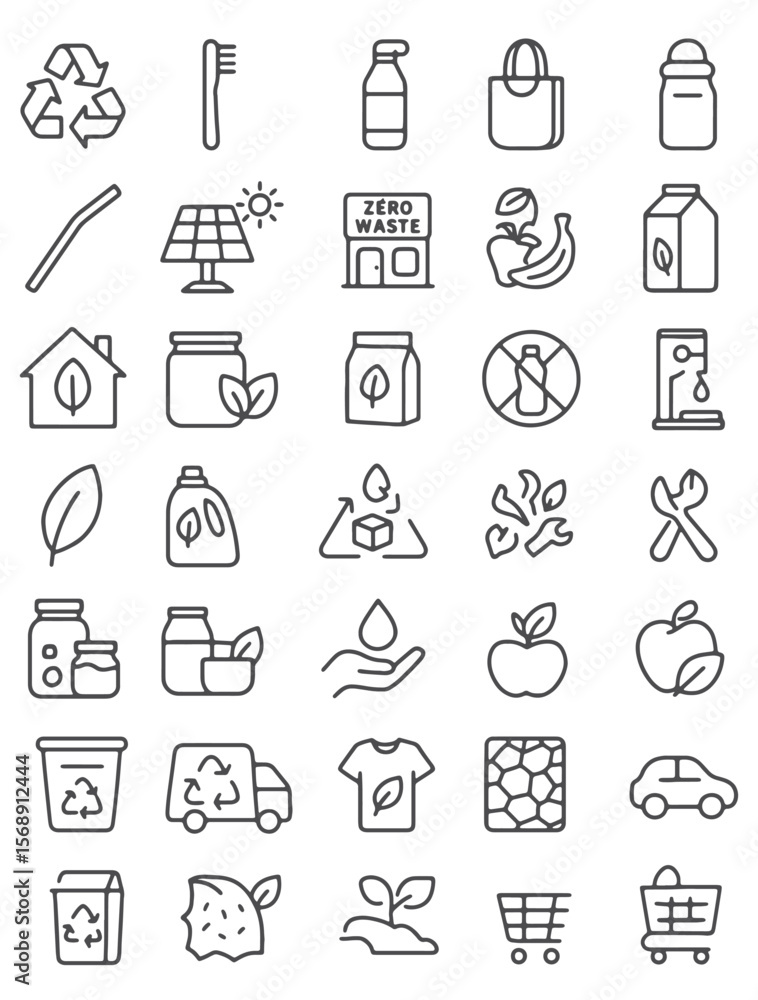 Zero Waste Line Icons – Minimalist Eco Lifestyle Icon Set for Sustainable Living, Recycling, Composting & Green Habits Zero Waste Line Icons – Minimalist Eco Lifestyle Icon Set for Sustainable Living, Recycling, Composting & Green Habits