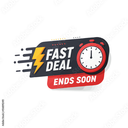 Ikon promosi dengan desain jam stopwatch, petir, dan teks “FAST DEAL – ENDS SOON”. Memberi kesan cepat dan terbatas, cocok untuk kampanye flash sale ecommerce.