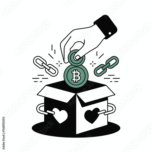 A hand places Bitcoin cryptocurrency coins into an open black box adorned with white and black hearts linked by chains symbolizing secure donation or charitable giving a minimalist vector