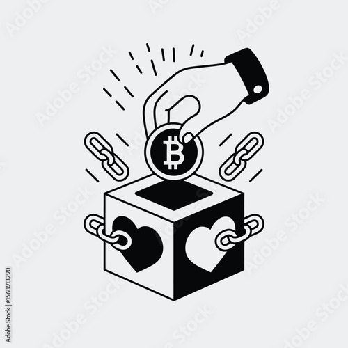 A hand placing a Bitcoin cryptocurrency coin into a black and white cube shaped donation box adorned with hearts and linked chains symbolizing charity blockchain technology and digital giving