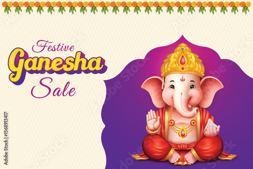 Lord Ganesha Sitting Purple And Ivory Color Background With Flower Border. Ganesha Chaturthi Festival Sale Celebration For Greeting Card, Invitation, E-commerce Banners.